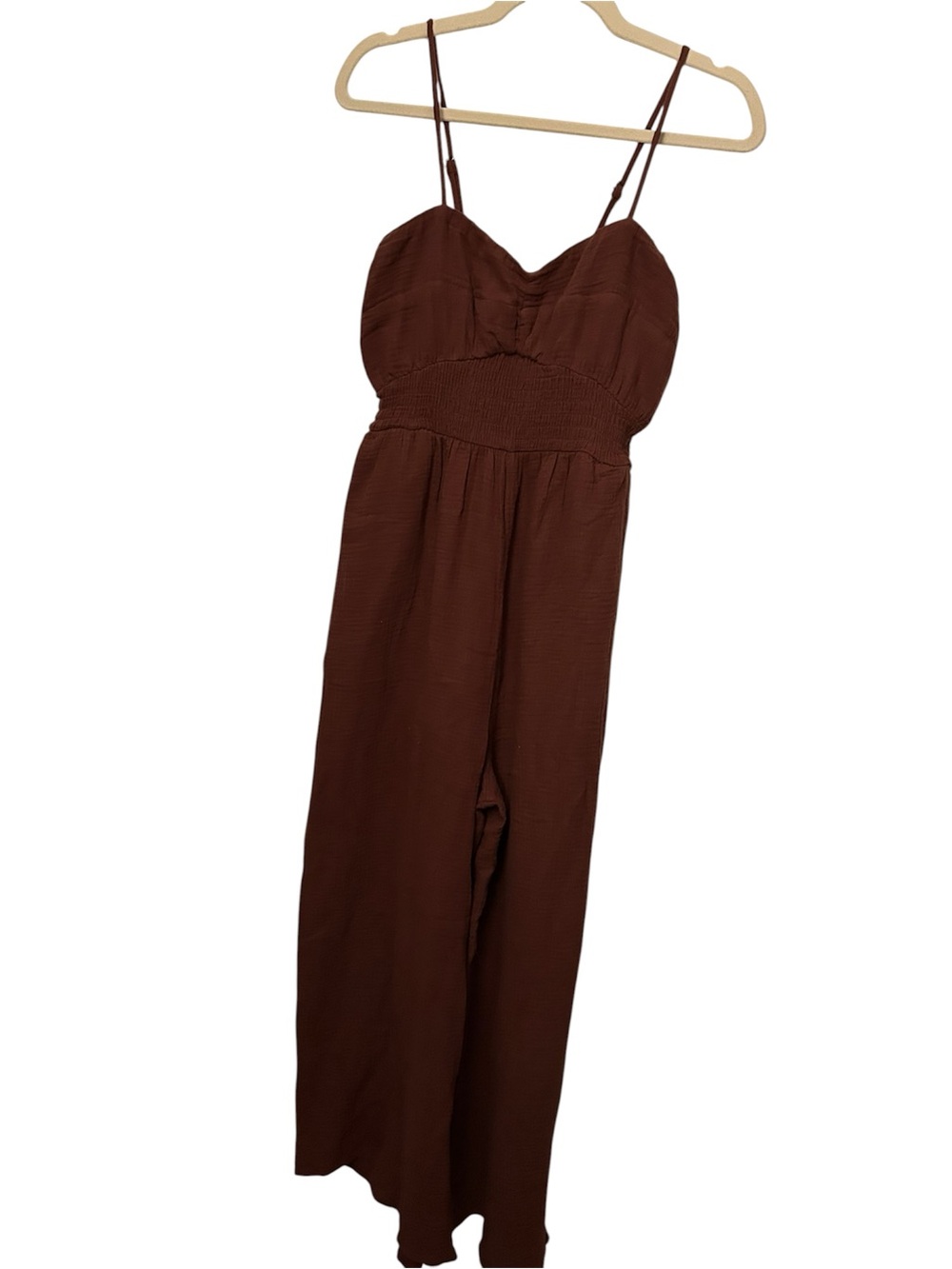 Blue Velvet Smocked Wide Leg Jumpsuit Reddish Brown Size Medium Cotton